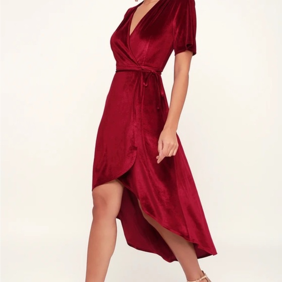 Lulu's Wine Red Velvet High Low Wrap Dress Size M Midi Dress - Picture 3 of 9
